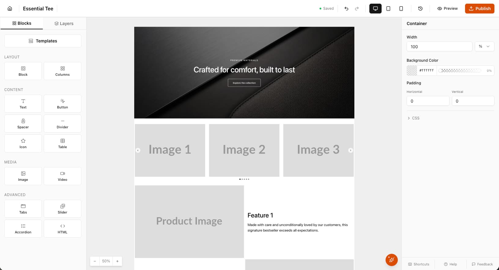The Contentik editor building a product page, with the block palette on the left, the product page on the canvas, and the style panel on the right.