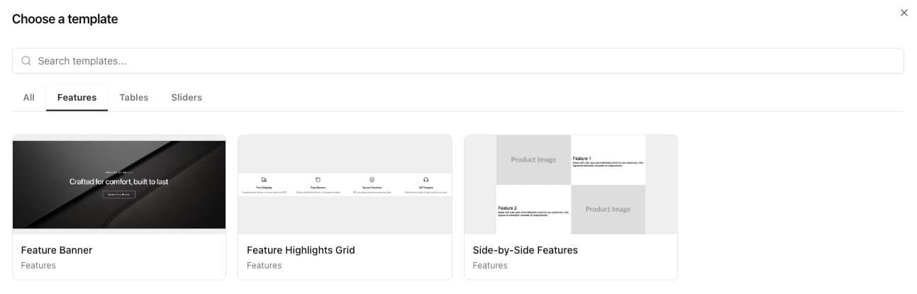 Contentik's template picker: searchable, filtered by use case, with ready-to-use product, feature, table, and slider templates.